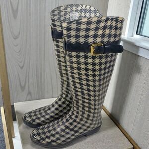Ralph Lauren Women's 7B Rubber Rain Boots Rossalyn II Checkered Knee High